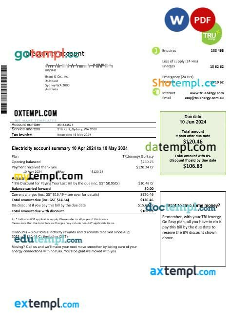 Australia Tru Energy electricity business utility bill template in Word and PDF format