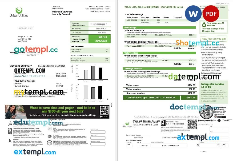 Australia Urban Utilities template in Word and PDF format