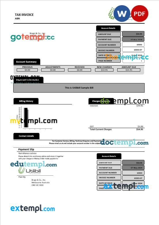 Australia Utilibill business easy to fill template in Word and PDF format