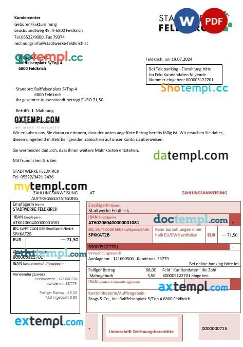 Austria Stadtwerke Feldkirch business utility bill template in Word and PDF format