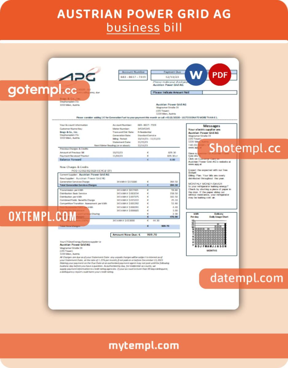 Austrian Power Grid AG business utility bill, Word and PDF template