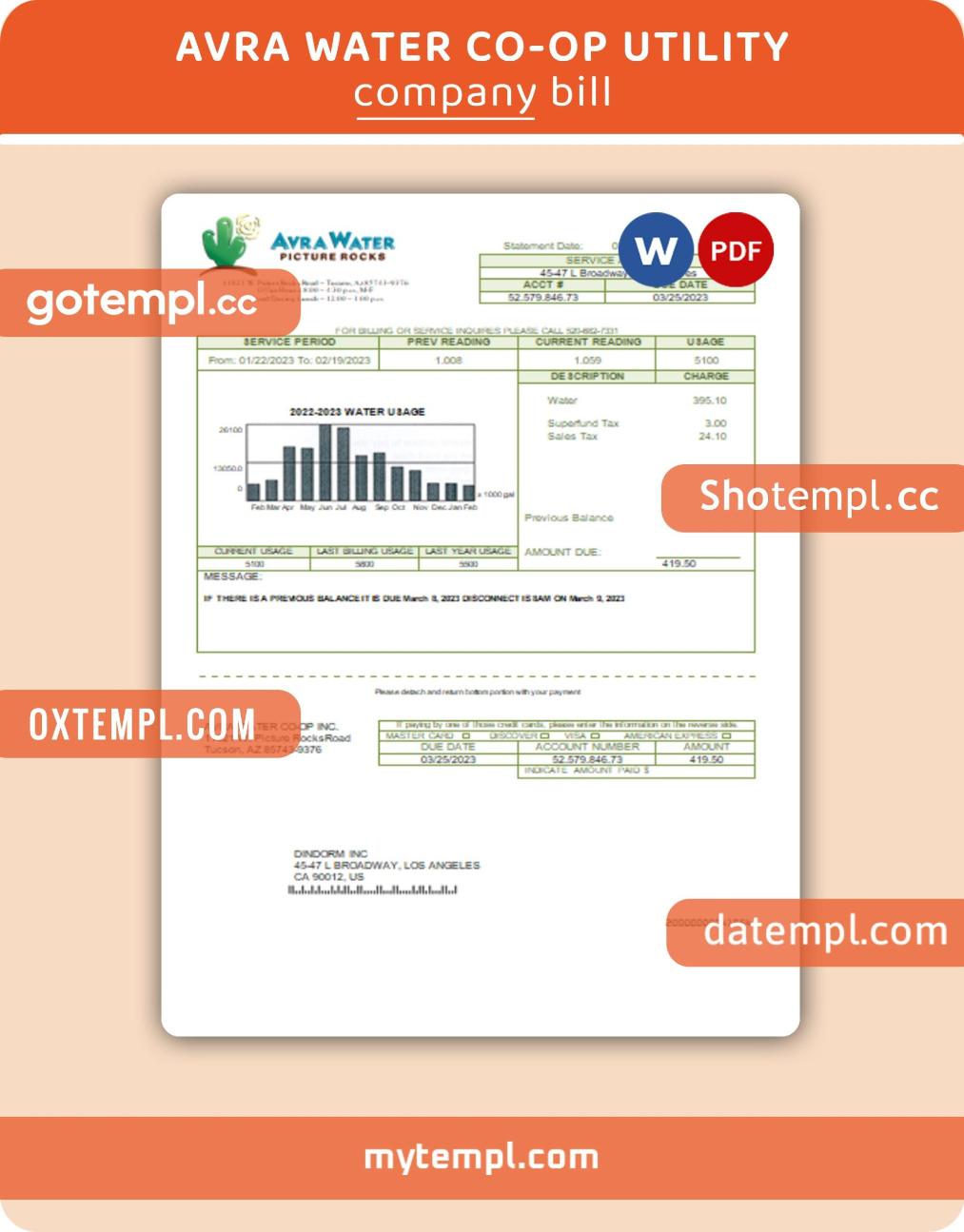 Avra Water Co-Op business utility bill, Word and PDF template