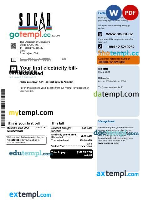 Azerbaijan Socar gas business utility bill template, fully editable in PSD format