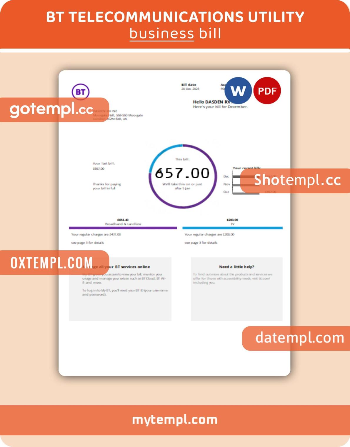 BT telecommunications business utility bill, Word and PDF template