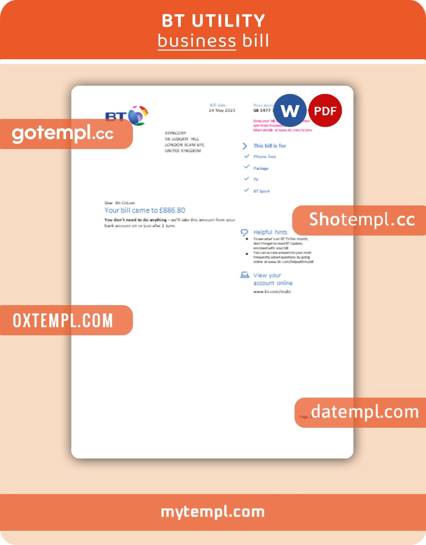 BT business utility bill, Word and PDF template