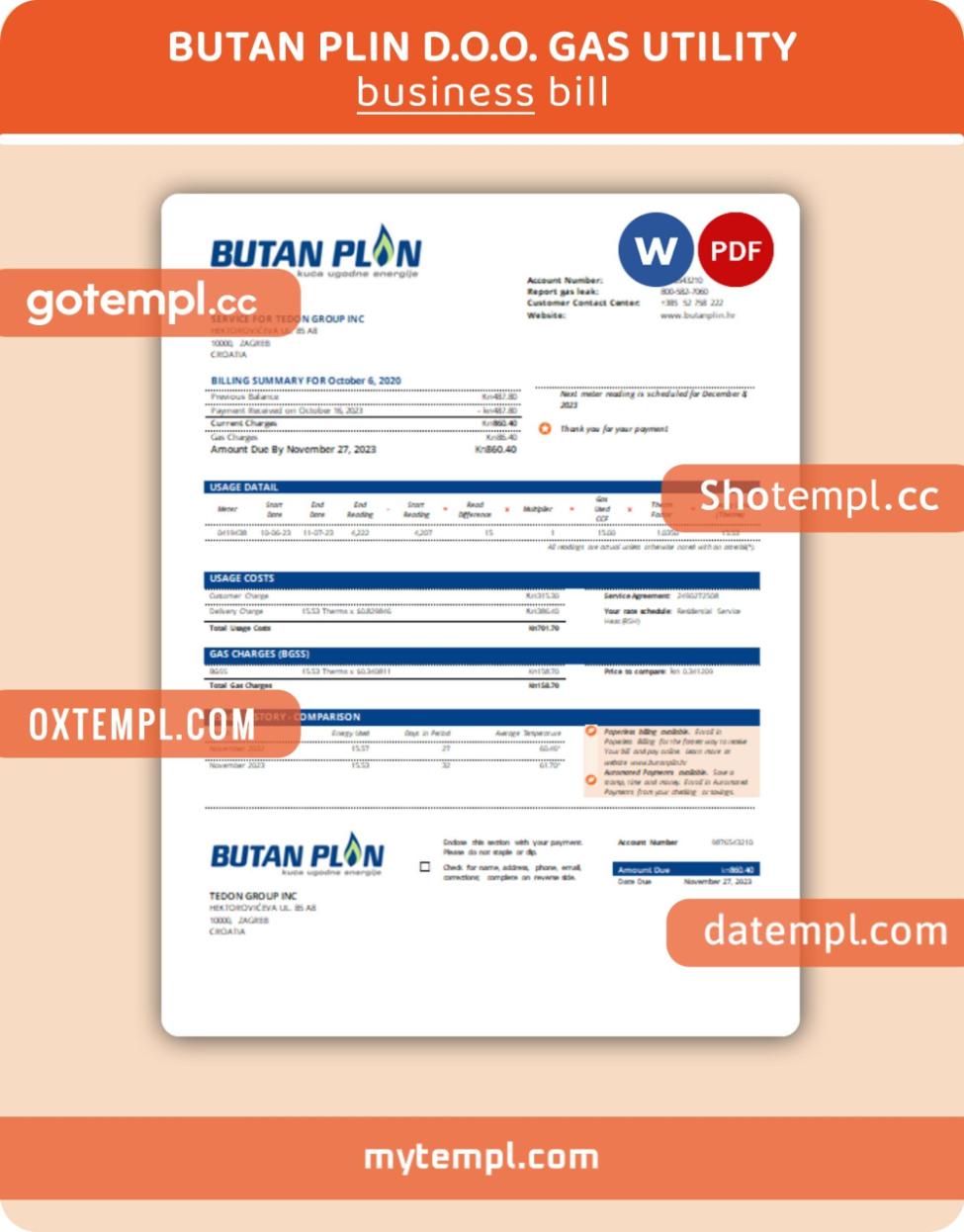 Butan PLIN d.o.o. gas utility business bill, Word and PDF template