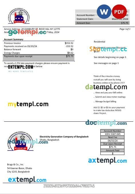 Bangladesh Electricity Generation Company of Bangladesh business utility bill template in Word and PDF format