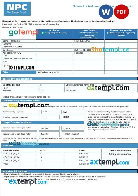 Barbados National Petroleum Corporation of Barbados gas business utility bill template in Word and PDF format