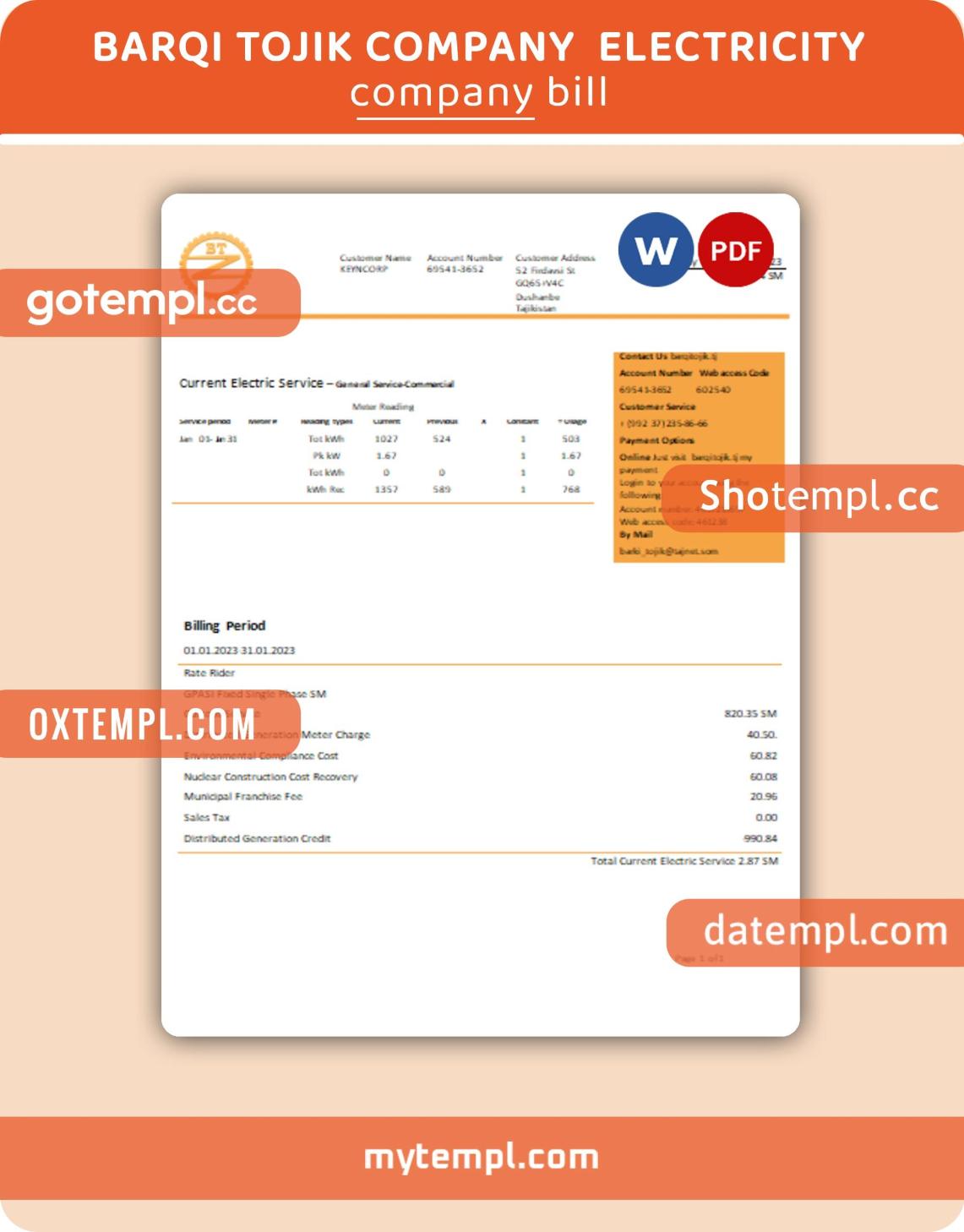 Barqi Tojik Company electricity business utility bill, PDF and WORD template