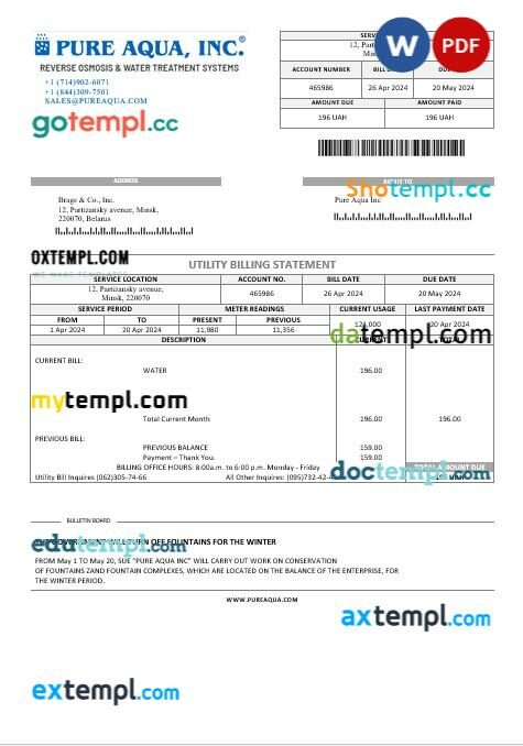 Belarus Pure Aqua Inc business utility bill template in Word and PDF format