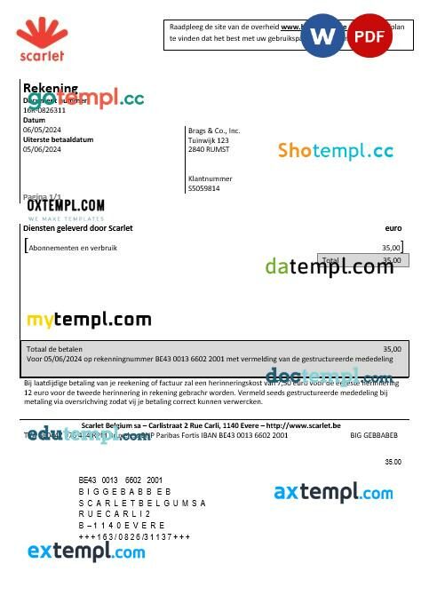Belgium Scarlet business utility bill template in Word and PDF format