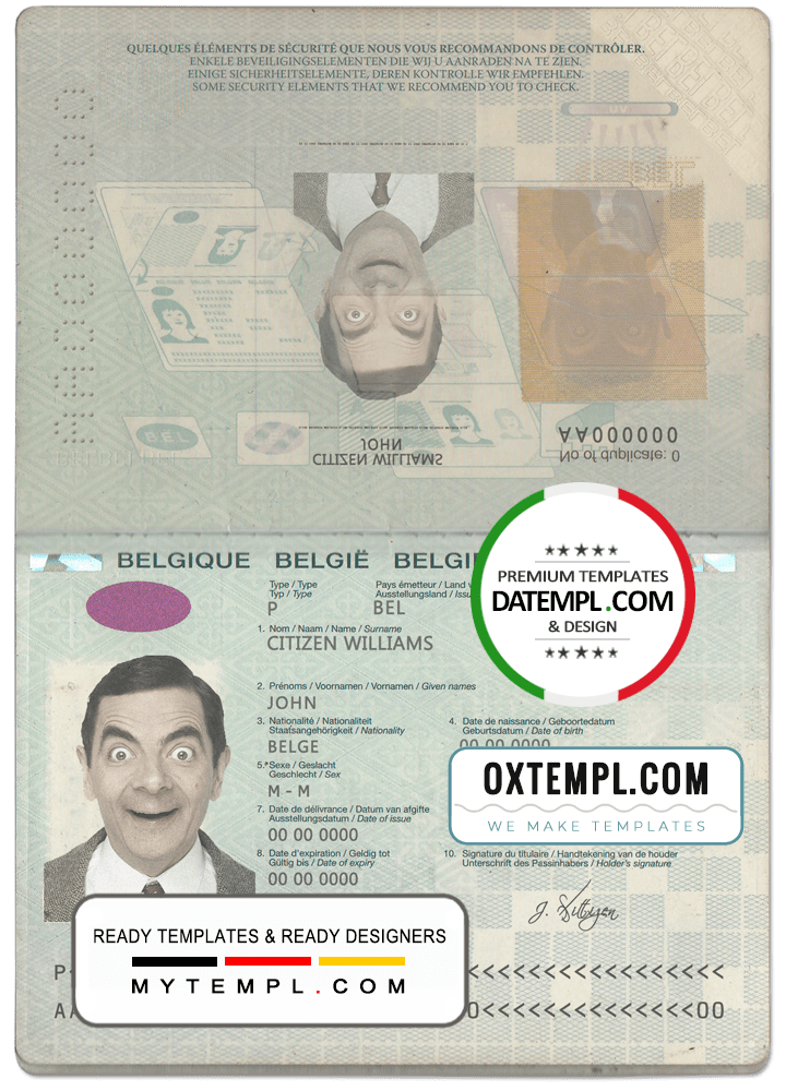 Belgian passport example in PSD format, 2014-2017