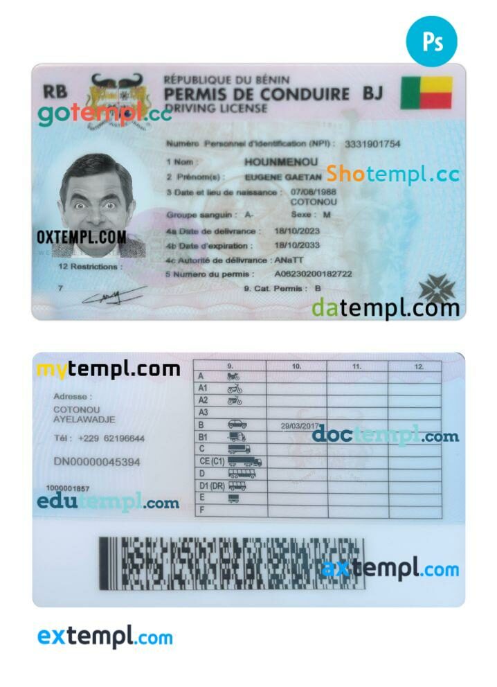 Benin driving license PSD editable template