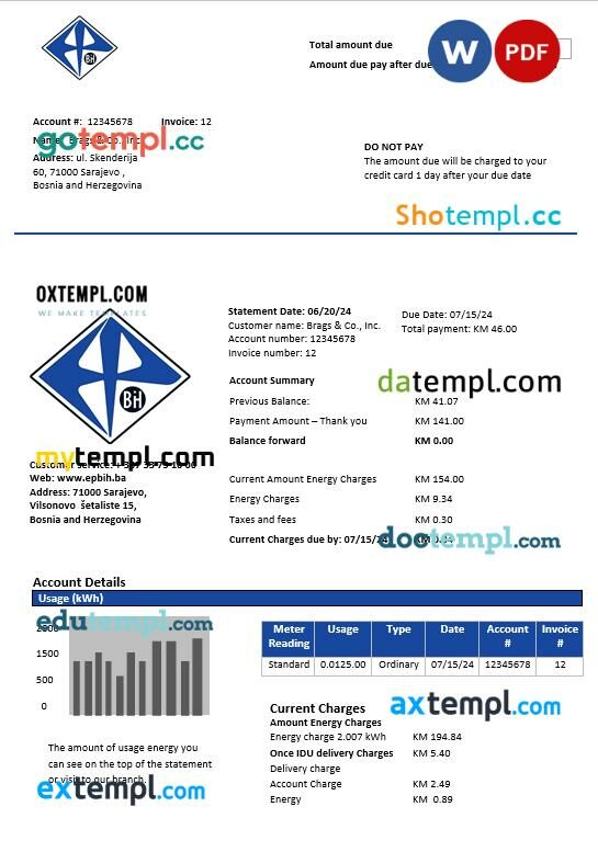 Bosnia and Herzegovina Elektroprivreda BiH electricity business utility bill template in Word and PDF format