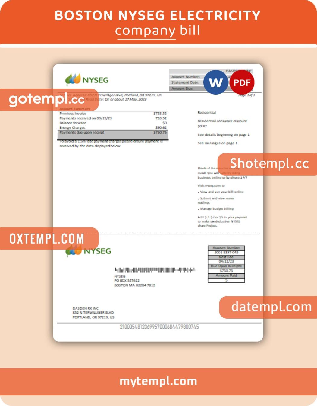 Boston NYSEG electricity business utility bill, Word and PDF template