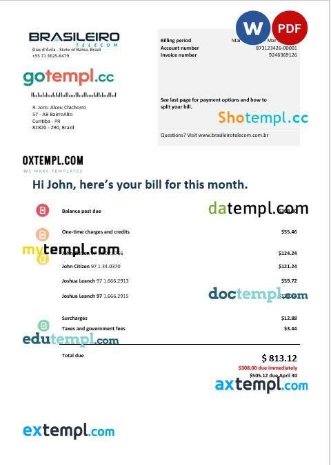 Brazil Braziliero Telecom business telecommunication bill template in Word and PDF format