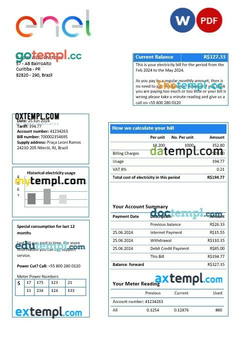 Brazil ENEL electricity business utility bill template in Word and PDF format