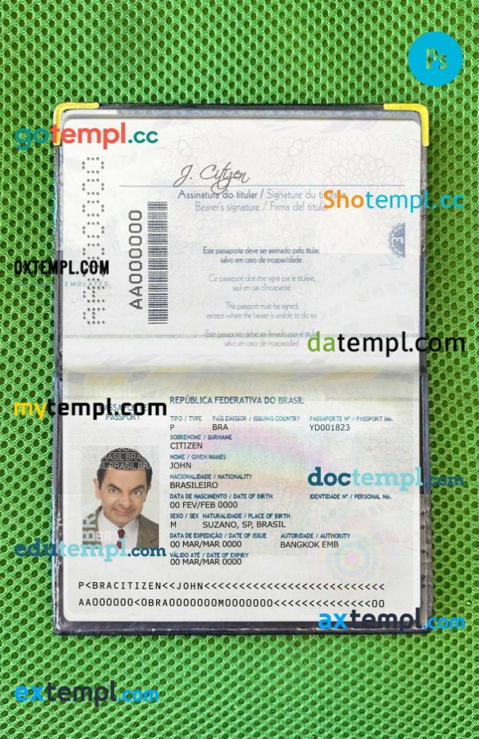 Brazil passport editable PSD files, scan and photo taken image, 2 in 1 2016-2019
