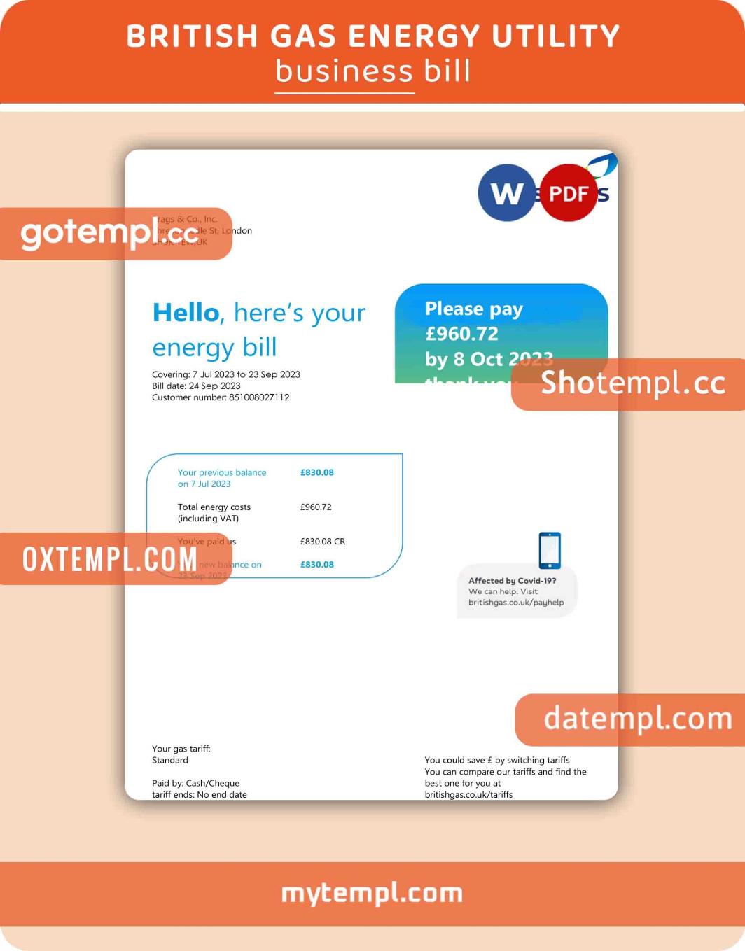 British Gas Energy business utility bill, Word and PDF template