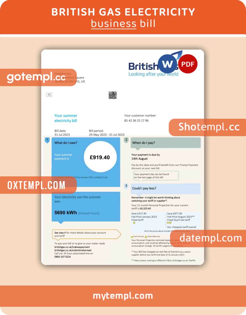 British gas electricity, utility business bill template in Word and PDF format