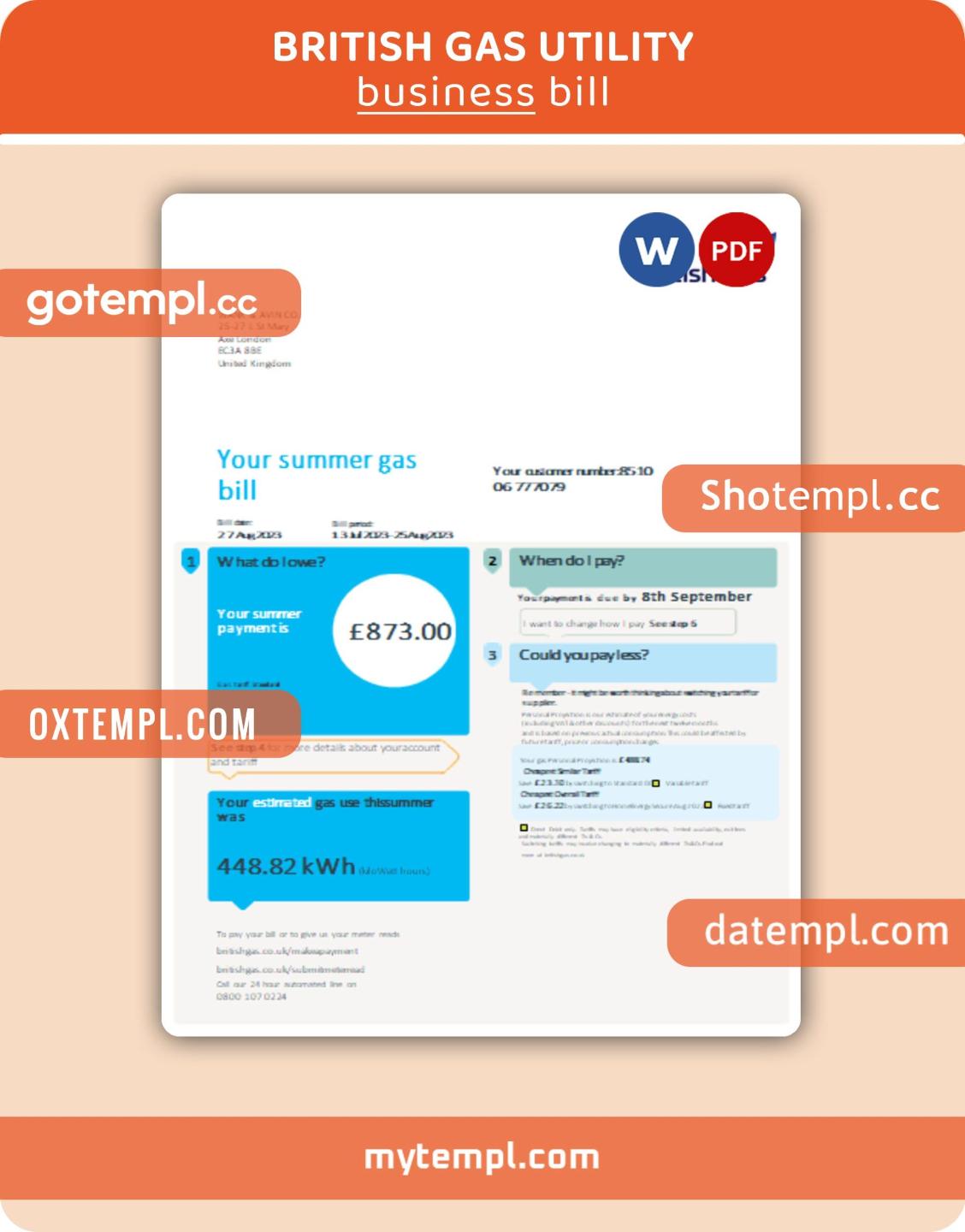 British gas business utility bill, Word and PDF template