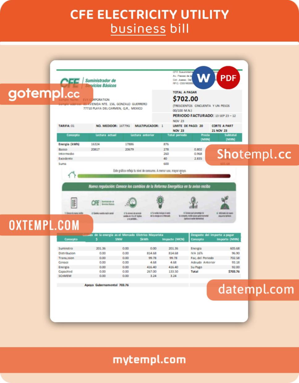 CFE electricity  business utility bill, PDF and WORD template