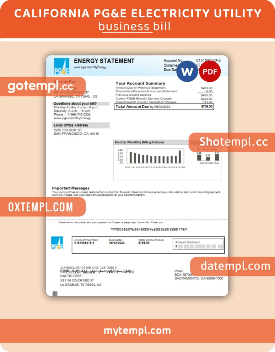 California PG&E electricity business utility bill, Word and PDF template