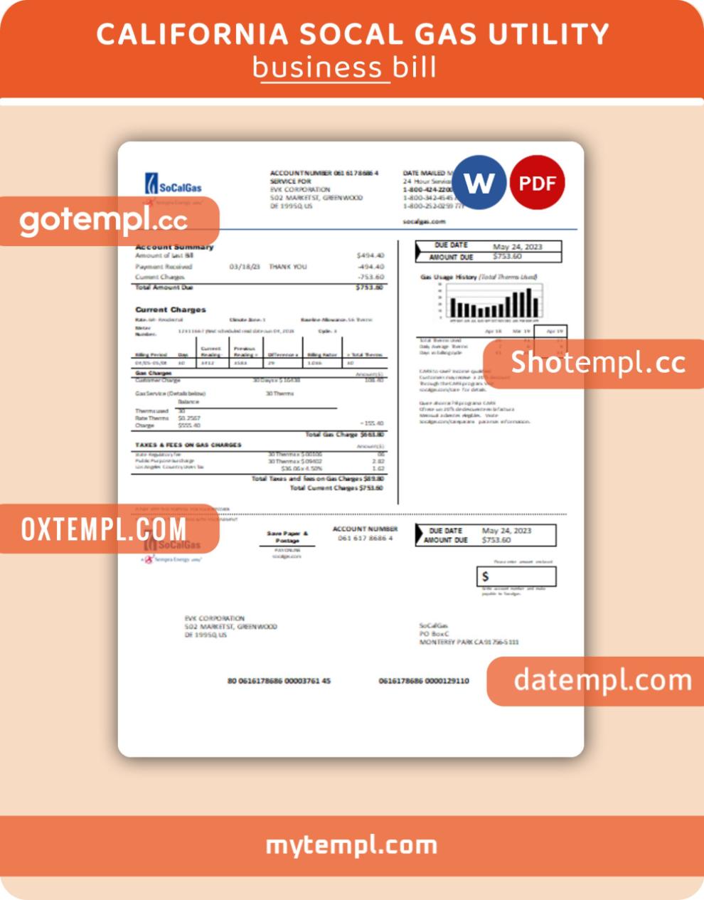 California SoCal Gas business utility bill, Word and PDF template, 2 pages