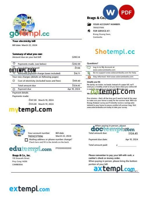 Cambodia Solar Green Energy Cambodia Co business utility bill template in Word and PDF format