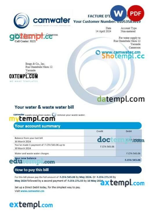 Cameroon Camwater business utility bill template in Word and PDF format
