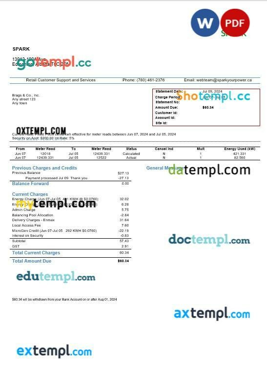 Canada Alberta Spark business utility bill template in Word and PDF format