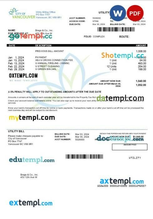 Canada British Columbia City of Vancouver business utility bill template in Word and PDF format