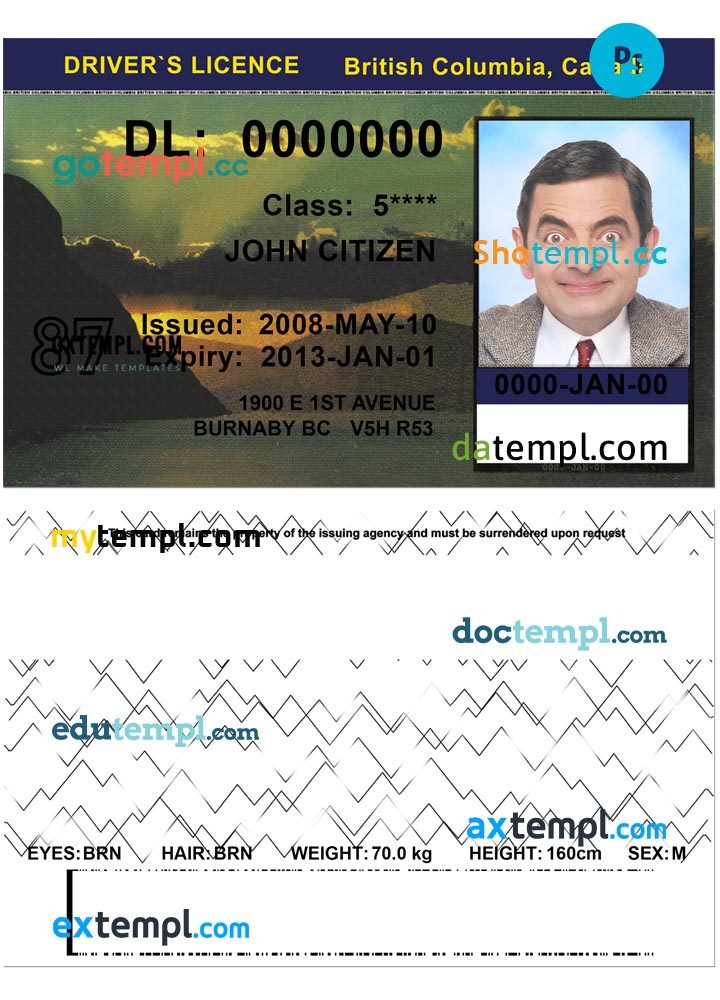 Canadian British Columbia driver license download example in PSD format, version 2