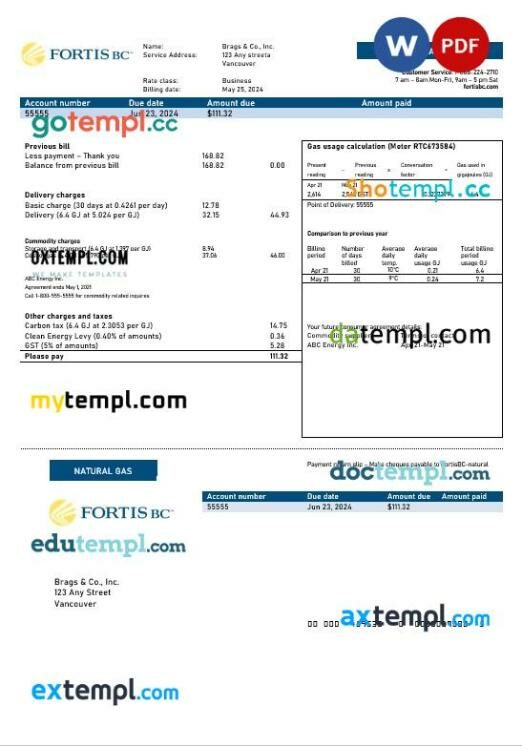 Canada British Columbia FortisBC business utility bill template in Word and PDF format