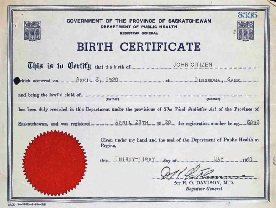 Canada Department of Public Health birth certification template in PSD format
