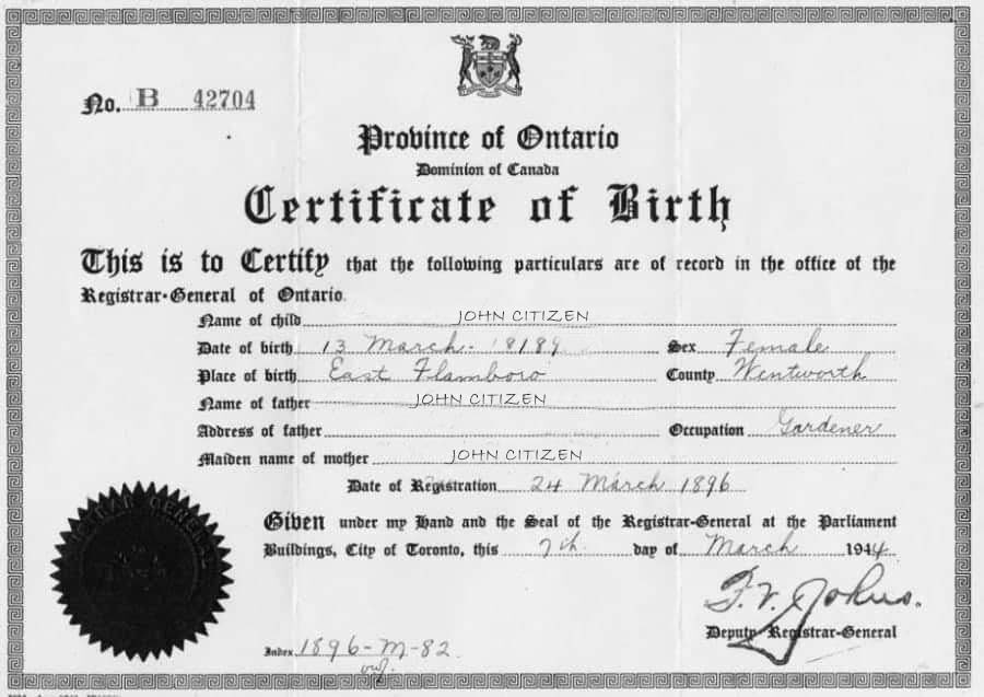 Canada Deputy Registrar General birth certificate template in PSD format