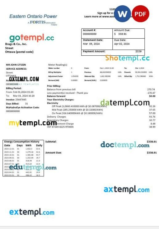 Canada Eastern Ontario Power business utility bill template in Word and PDF format