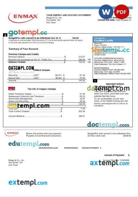 Canada Enmax business utility bill template in Word and PDF format
