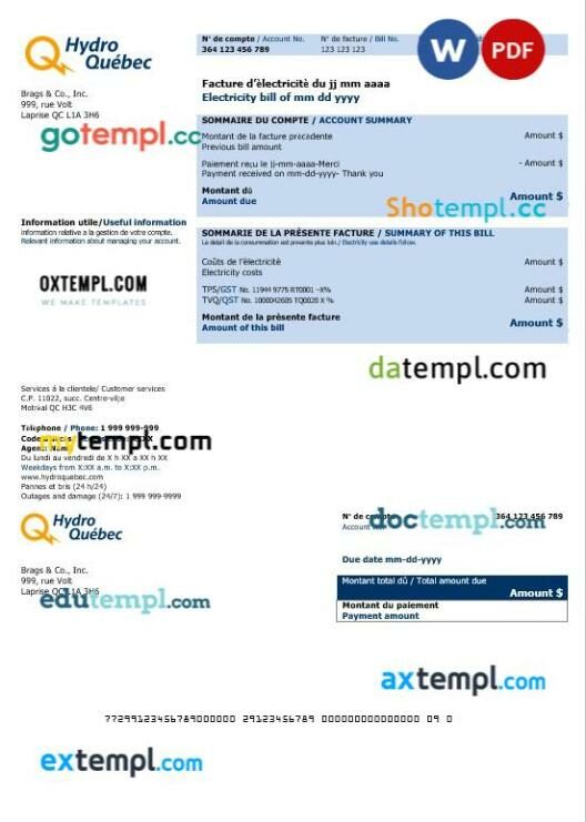 Canada Hydro Quebec business utility bill template in Word and PDF format