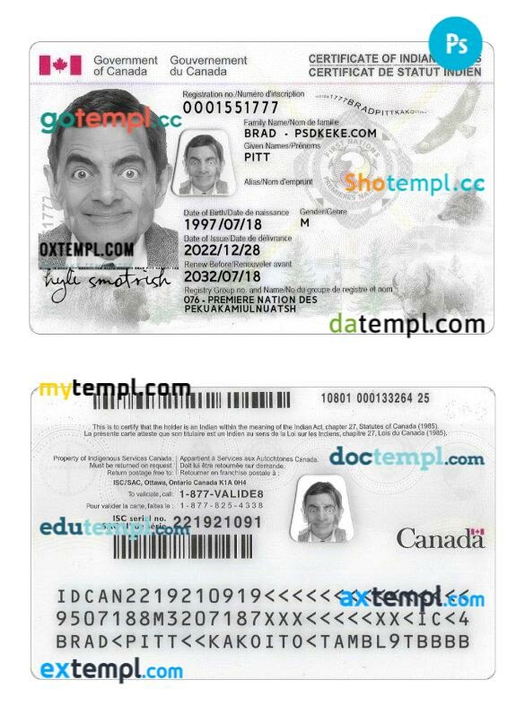 Canada Indian status ID card PSD template