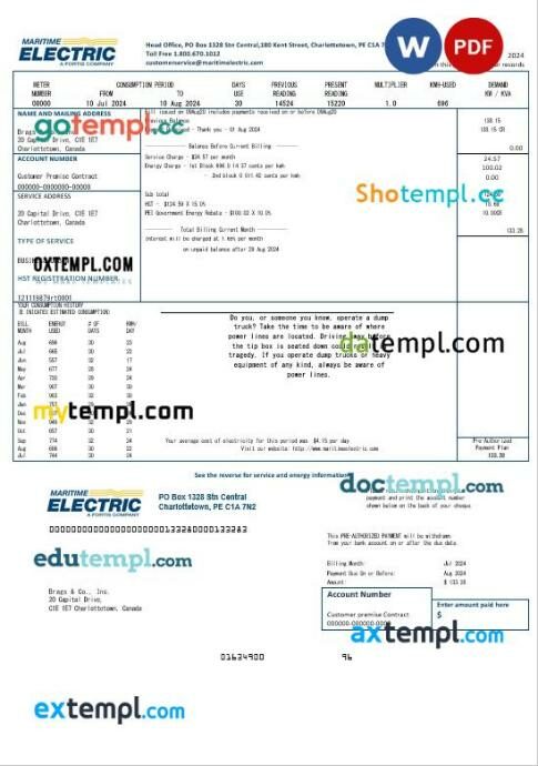Canada Maritime Electric business utility bill template in Word and PDF format