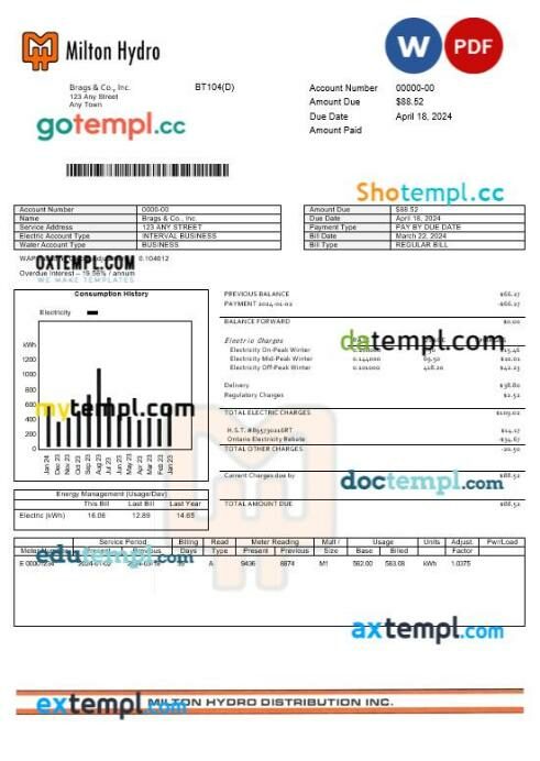 Canada Milton Hydro electricity business utility bill template in Word and PDF format
