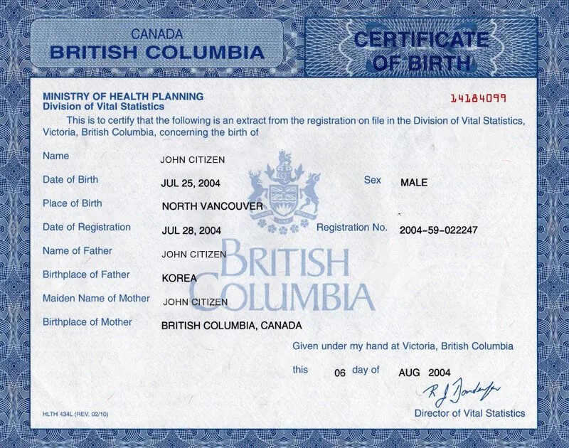 Canada Ministry of health planning birth certificate template in PSD format