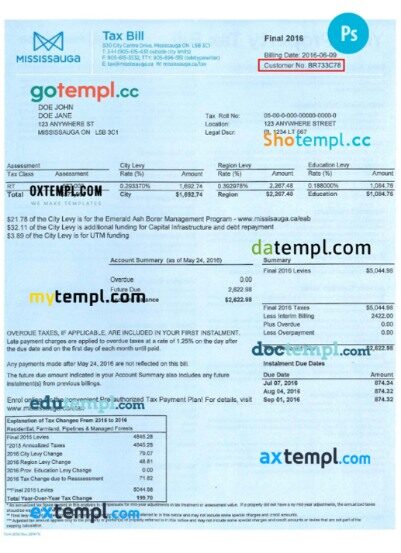 Canada Mississauga tax bill in PSD format