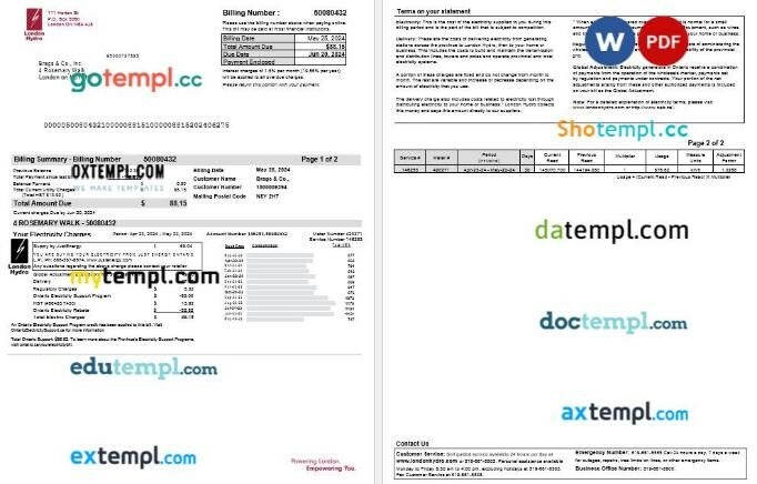 Canada Ontario London Hydro business utility bill template in Word and PDF format