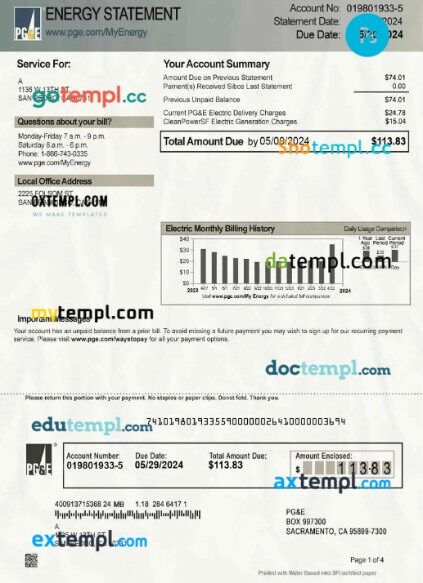 Canada PG&E energy utility bill in PSD format