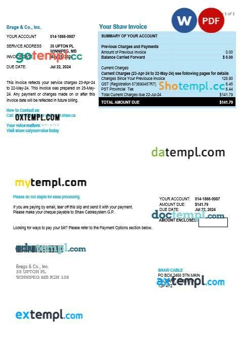 Canada Shaw business utility bill template in Word and PDF format