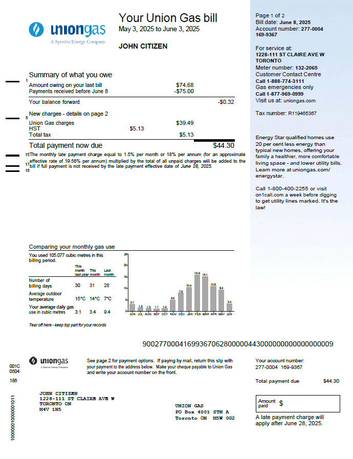 Canada Union Gas utility bill template in Word and PDF formats