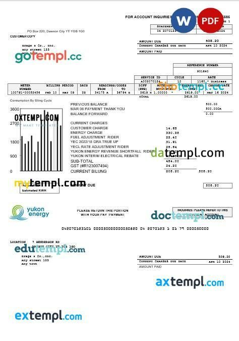 Canada Yukon Energy business utility bill template in Word and PDF format