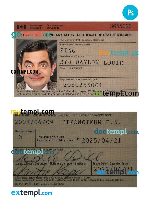 Canada certificate of Indian status template in PSD format